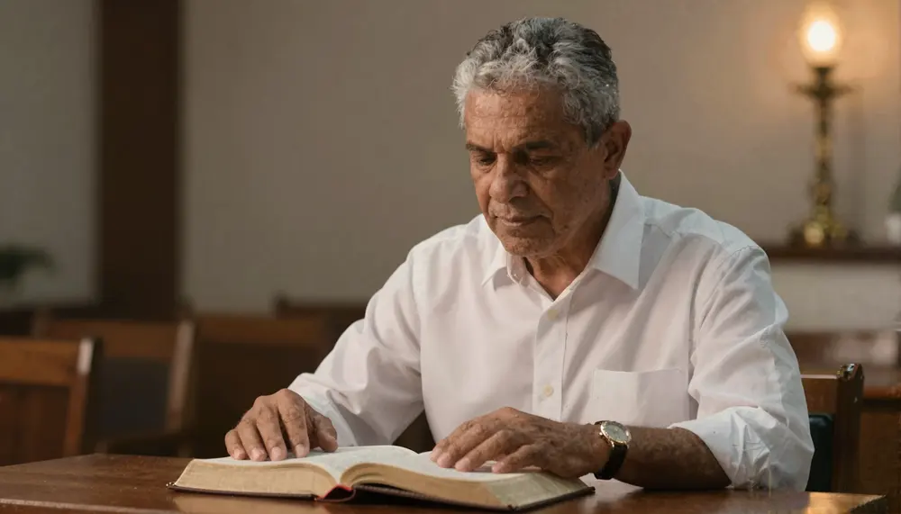 Pastor estudando a Bíblia à noite na mesa de estudo