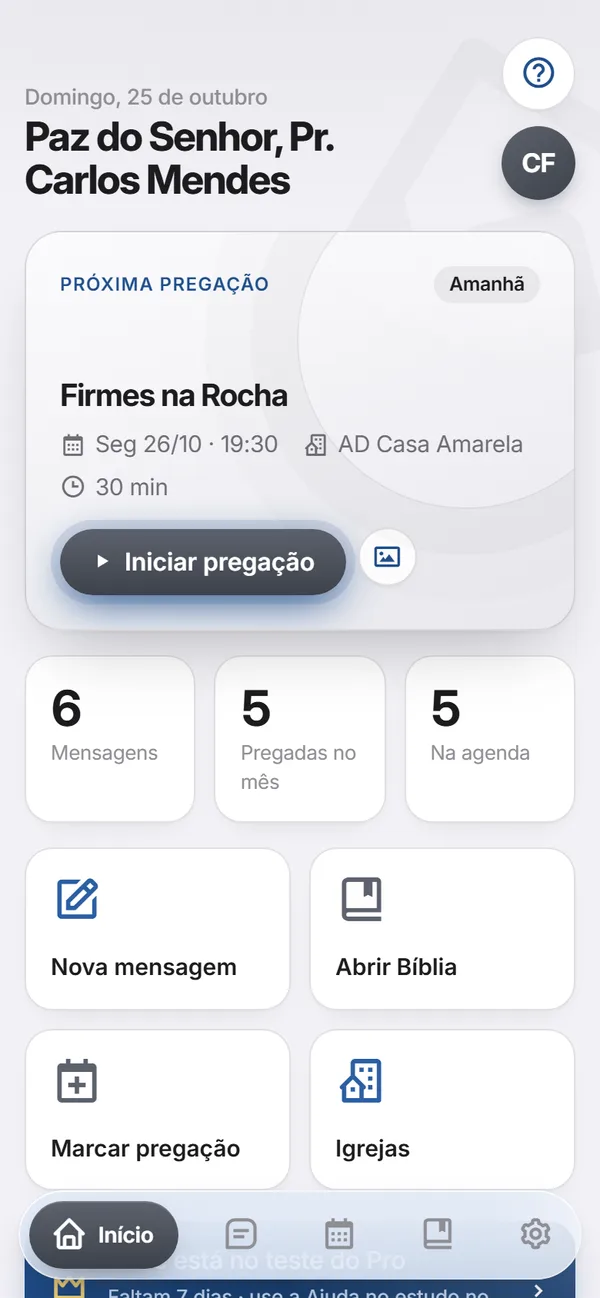 Tela de início com a próxima pregação