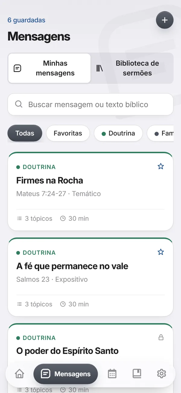 Lista de mensagens guardadas por pasta