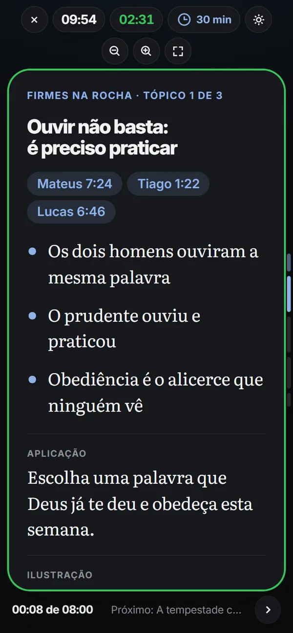 Tela do púlpito com o tópico 1 de 3, versículos e o tempo correndo